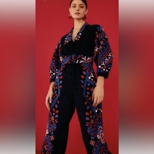 Anthropologie Farm Rio Embroidered Corduroy Jumpsuit Size Large